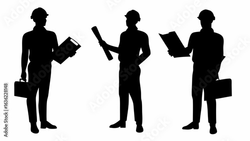 Three black silhouettes of construction workers with helmets holding different items and documents