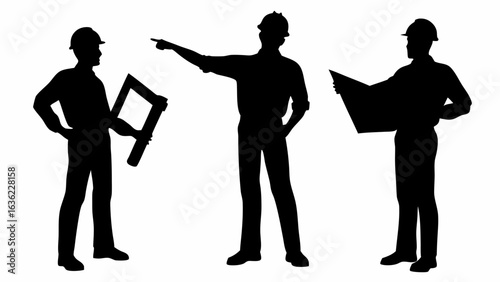 Silhouette of three engineers in hard hats one pointing one with a blueprint and one with a square tool