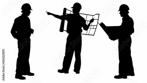 Silhouettes of three construction workers in hard hats examining blueprints and pointing direction