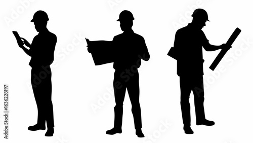 Silhouettes of three construction workers in hard hats examining plans and using a tablet on a white background