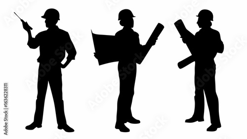 Silhouettes of three construction workers in helmets holding blueprints and a walkie talkie in black