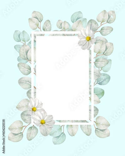 watercolor floral frame with white flowers and leaves clip art preview