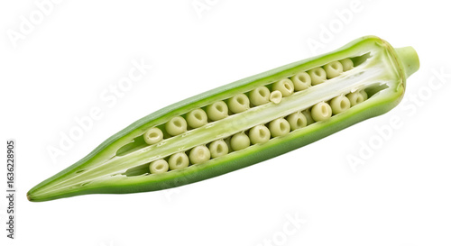 A freshly cut okra pod displaying its seeds, isolated on transparent background the image provides a detailed view of the okras internal structure and texture