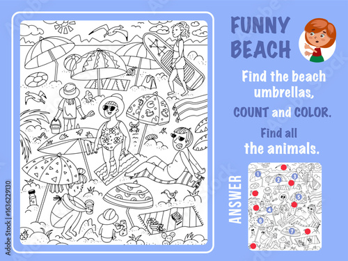 Find animals and umbrellas color and count. Game for kids. Children coloring. Puzzle with hidden objects. Funny cartoon characters. Vector illustration.
