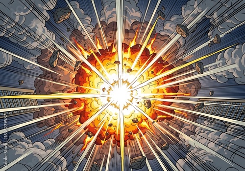 Cityscape Explosion Comic Book Panel with Dynamic Action