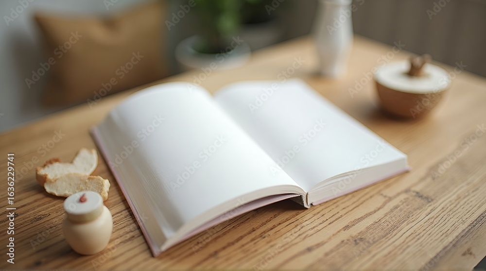 Fototapeta premium An open book with blank pages on a wooden table next to bread and a small decorative container