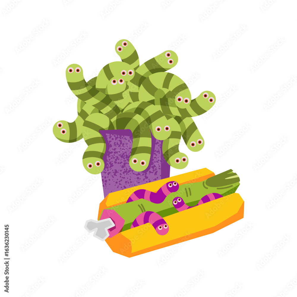 Naklejka premium Creepy Halloween food illustration. Purple container filled with green-striped worms, yellow zombie hot dog with a nipple in the shape of a finger with purple-striped worms crawling over it.