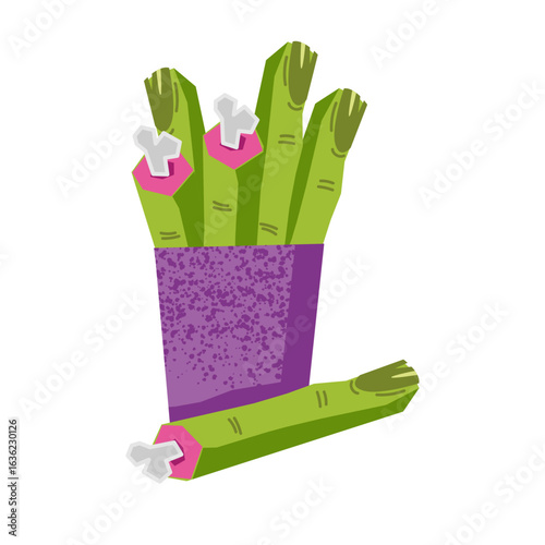 Stylized purple box filled with severed zombie fingers resembling french fries, isolated on a white background. Creepy Halloween food concept for spooky menus and horror-themed parties.