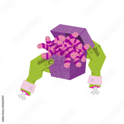 Zombie hands holding a purple gift box filled with multiple pink and purple striped worms. Stylized spooky food concept for Halloween parties and horror menus.