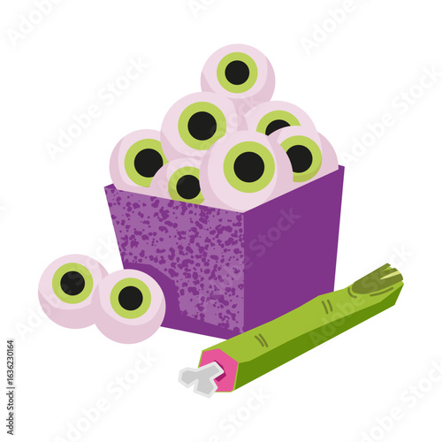Purple box filled with multiple green-eyed eyeballs, accompanied by a severed green zombie finger with a visible bone. Isolated Halloween zombie food illustration on a white background.