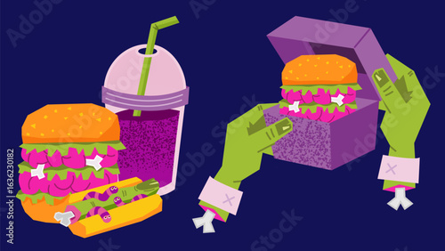 Zombie fast food illustration a burger with brains and bones, cup of soda with a green straw, a snack tray with severed fingers and worms, and zombie hands holding the meal box. Halloween horror meal