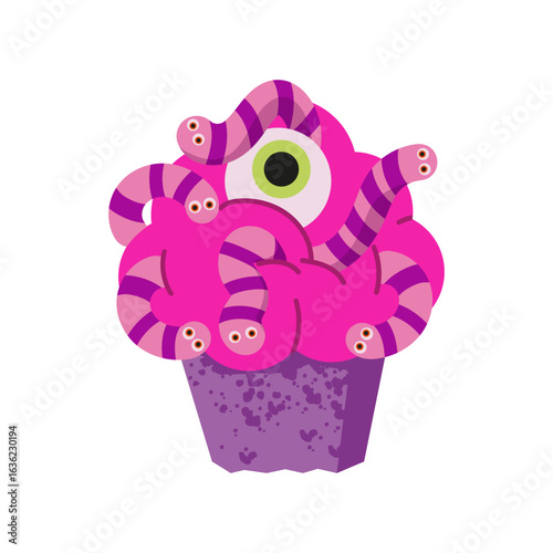 Stylized Halloween cupcake with a bright pink brain topping, striped purple-pink worms crawling out, and a single green eyeball. Isolated creepy zombie dessert illustration on a white background.
