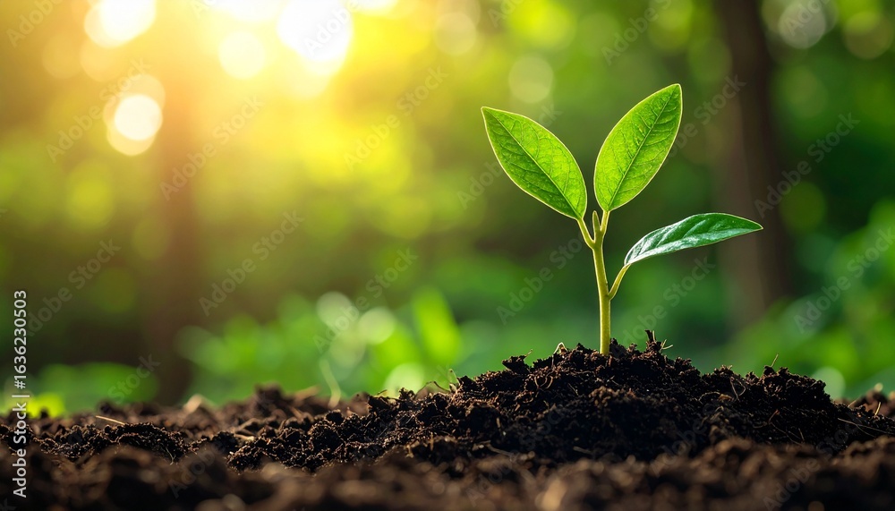 Fototapeta premium Young green seedling growing in fertile soil with morning sunlight in a lush forest, symbolizing new life and hope