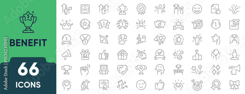Benefit Line Icon Set. Set of 66 outline icons including rewards, bonuses, perks, incentives, advantages, gifts, and employee benefits. Editable stroke. Linear vector illustration.