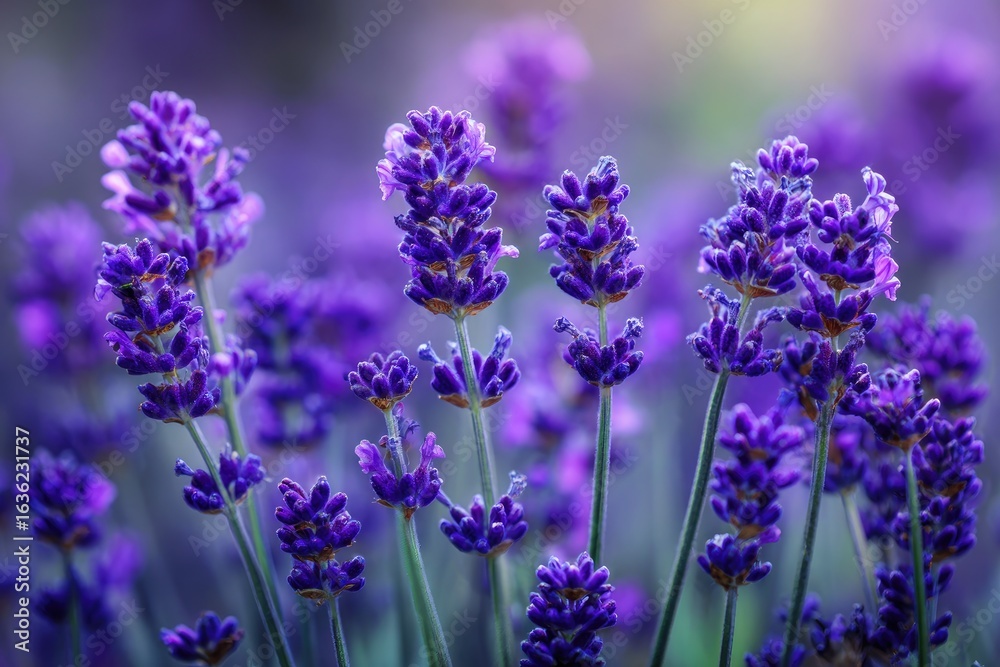 Naklejka premium Bright macro of wild purple lavender flowers in bloom, creamy bokeh background, vibrant color, photorealistic