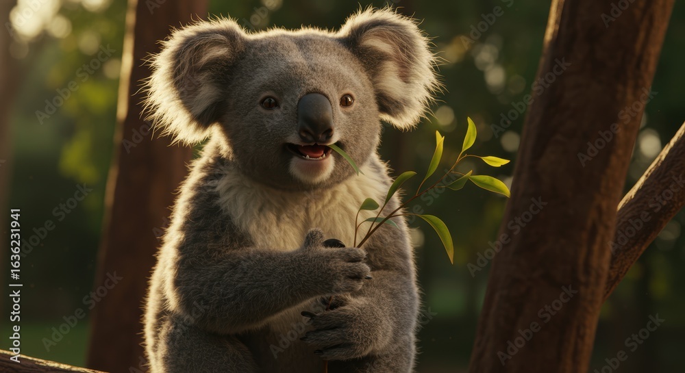 Fototapeta premium Charming koala enjoying a snack amidst sun-dappled trees in the Australian eucalyptus forest
