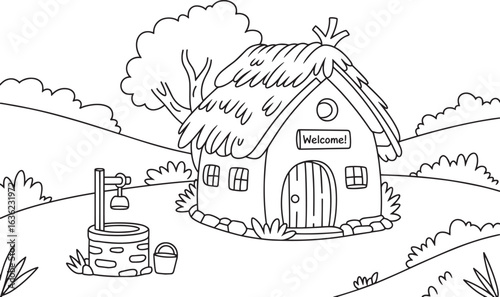 Rural Village Scene with Traditional Hut, Well, and Trees Black and White Line Art Illustration, Village hut with well, Countryside scene drawing, Rural home illustration, Traditional hut outline