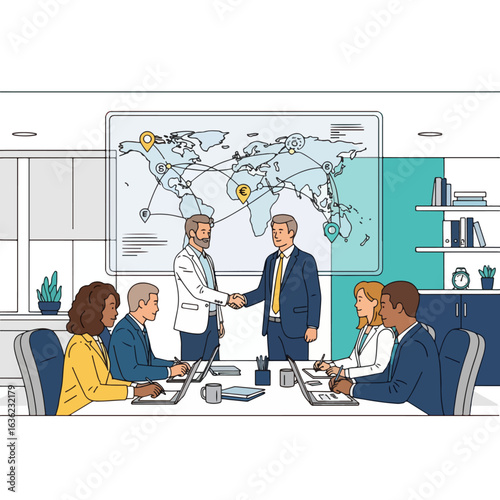 Business Team Meeting with Global Strategy Map, Corporate Collaboration and Networking Vector Illustration