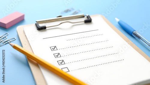 Wallpaper Mural A clipboard with a checklist and a pen, pencil, and eraser on a blue surface Torontodigital.ca