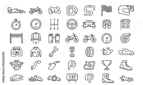 Motorsports Racing Line Icons Set - Formula One Cars, Motorcycles, Race Track, Helmet, Timer, Engine Parts, Trophy, Speedometer Vector Collection for UI Design