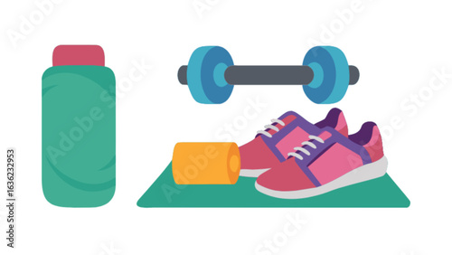 Fitness workout equipment exercise gym training healthy lifestyle dumbbell shoes mat bottle sport