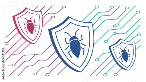 Cybersecurity bug protection shield with circuit background for virus malware and threat detection system