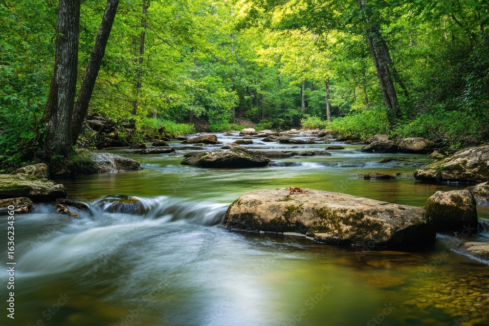 A river flowing through a lush green forest area A river flowing through a lush green forest area