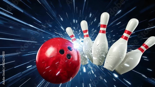 Exciting bowling strike moment captured as the ball hits the pins with powerful energy in a dark bowling alley