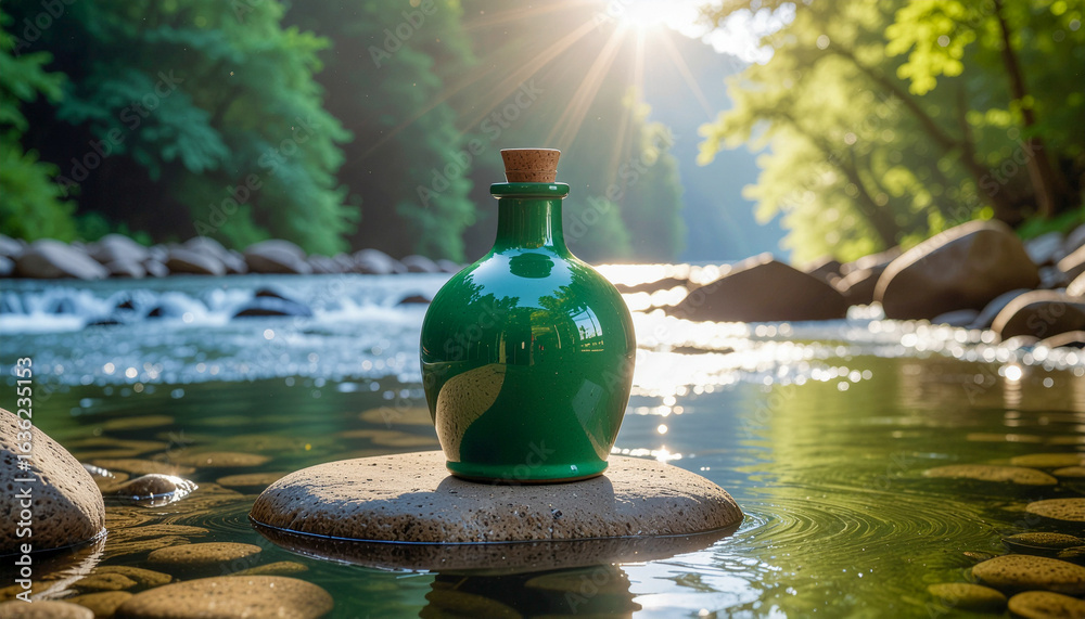 Obraz premium Glossy Jade Green Ceramic Bottle on Stream Pebbles