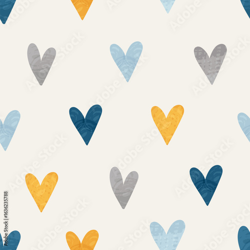 Seamless pattern with textured bright hearts.