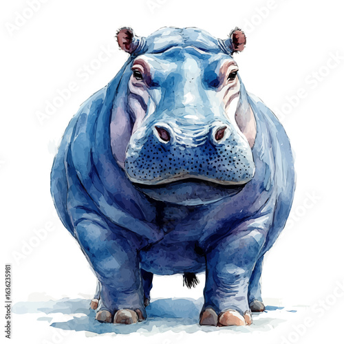 Hippopotamus, watercolor drawing vector, isolated on a white background.