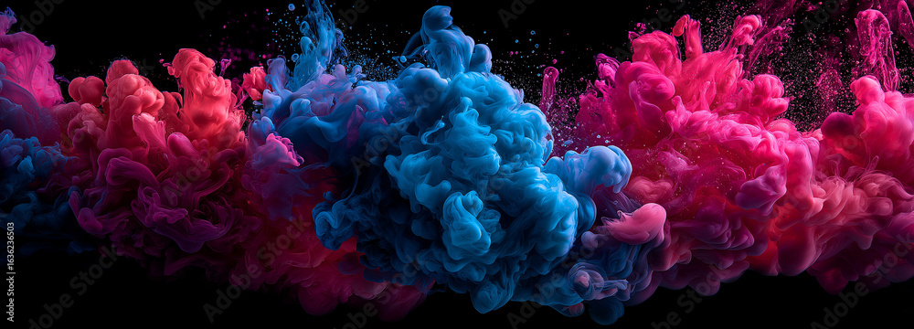 A vibrant splash of blue and red ink, creating an abstract explosion against the black background, fireworks A vibrant splash of blue and red ink, creating an abstract explosion against the black background, fireworks