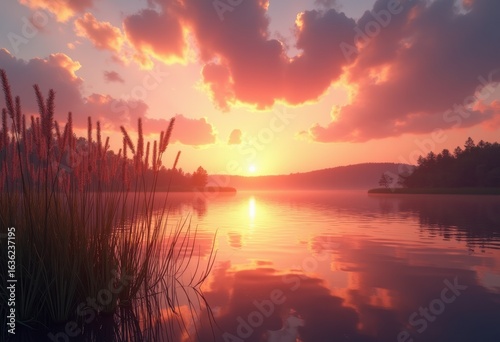 serene sunset reflection over tranquil lakeside reeds silhouetted vibrant sky colors, water, cloud, nature, evening, horizon, landscape, scenery, paddle