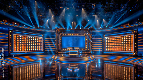 Bright TV game show stage with blue spotlights, glowing marquee bulbs, empty set and podium, glossy floor, studio lights. Entertainment, quiz show TV backdrop.