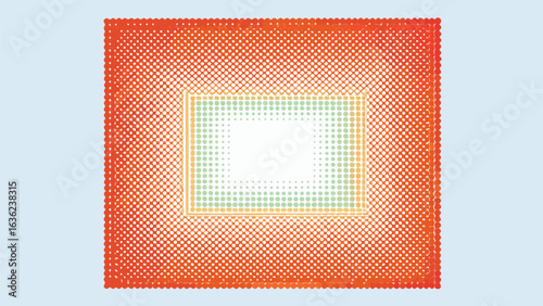 Abstract halftone pattern with concentric rectangular frames in orange green and yellow hues creating depth