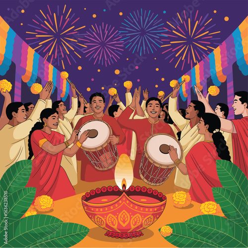 Happy new year party celebration with people dancing in a lively cartoon vector silhouette