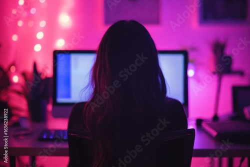 Girl in silhouette using computer in pink room light