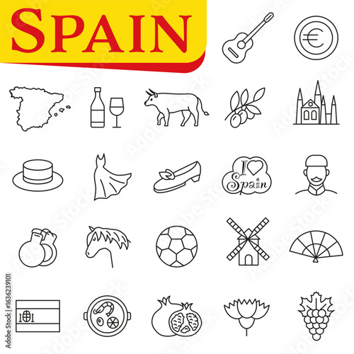Set of icons of cultural, gastronomic and tourist symbols of Spain. Set of linear icons symbolizing Spain.