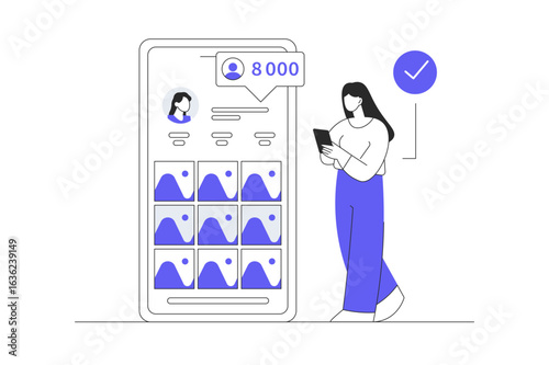Social network concept. Woman making posts with photos in online blog, getting new follower subscriptions, developing her profile in mobile app. Flat Cartoon Vector Illustration, icon Stylish abstract