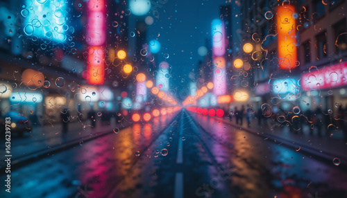 Cityscape viewed through glass with raindrops, vibrant lights and street reflections
