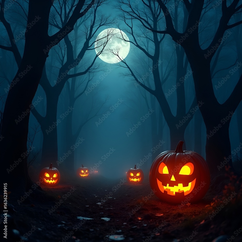 Naklejka premium Mysterious Halloween Forest Background with Glowing Pumpkins and Burning Eyes