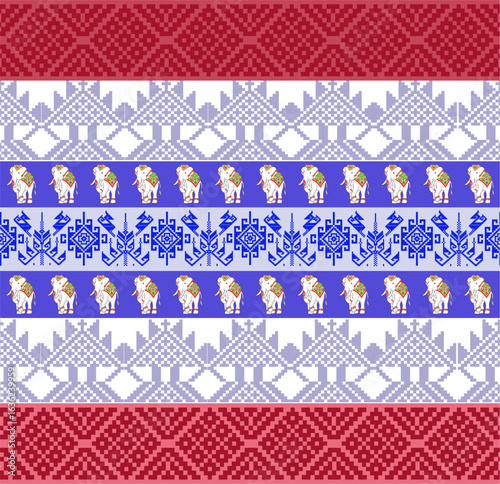 Aesthetic Thai Pixel Pattern with White Elephant and Traditional Ethnic Textile Geometric Motif Stripes
