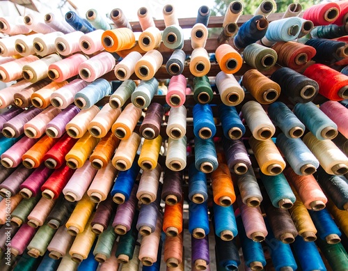Colorful spools of thread on wooden racks