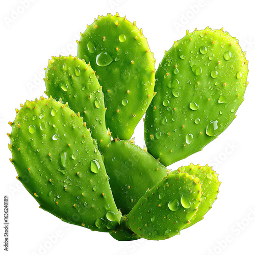 Close-up of prickly pear cactus pads, vibrant green, covered in water droplets