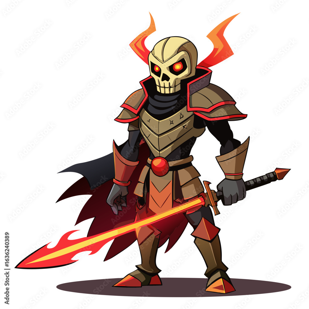 Obraz premium Fantasy skeleton warrior with flaming sword and armor