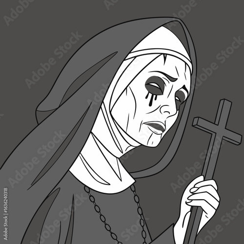 Sad nun holding a cross with black tears