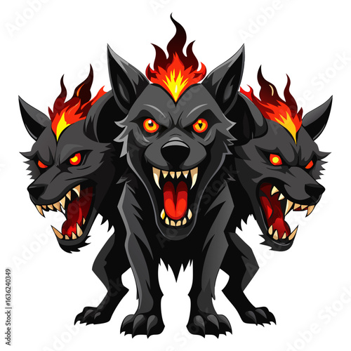 Fierce three headed black dog with fiery mane