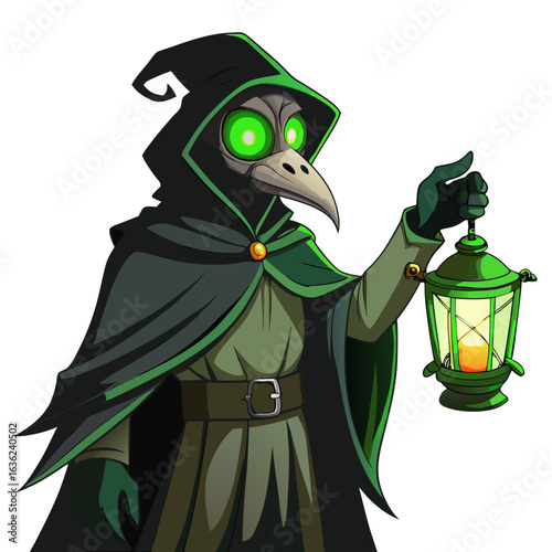 Cartoon plague doctor holding a glowing green lantern