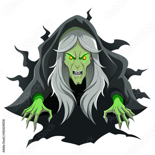Scary green faced witch with glowing eyes and long grey hair