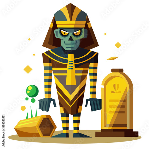 Stylized mummy character standing next to a tombstone and sarcophagus